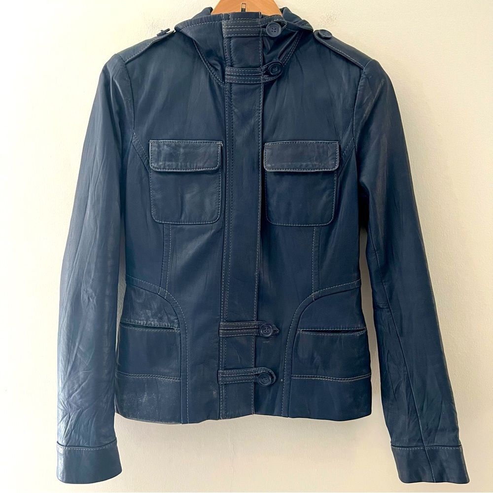 Danier Leather Jacket Blue Lined Size XS Moto Zip Front Pockets Buttery Soft